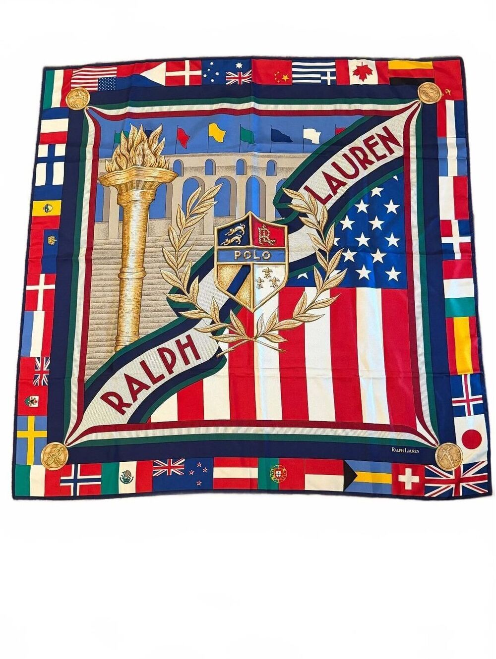 Vintage Polo Ralph Lauren 1992 Olympic Crest Silk Scarf World Flags 34.5"
